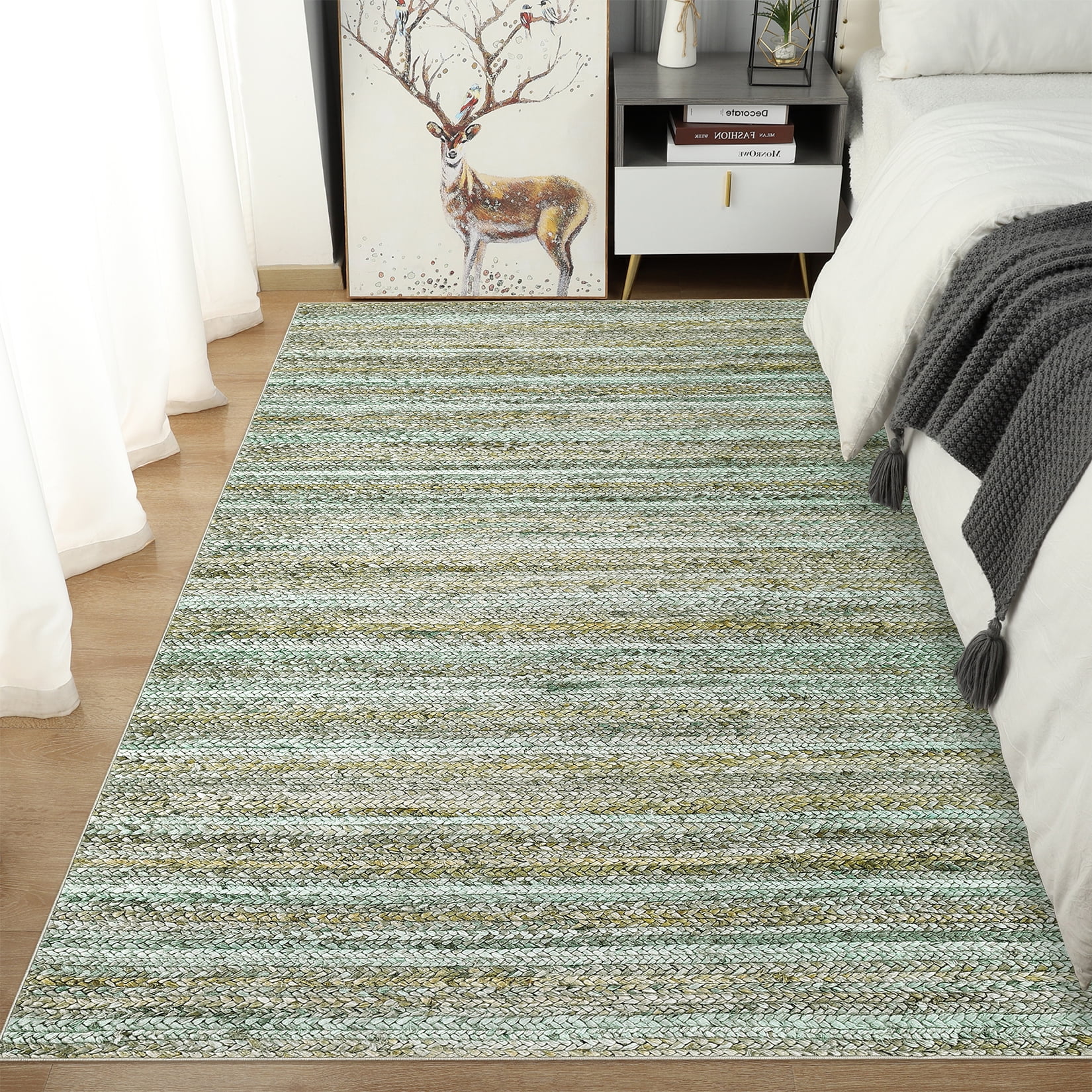 FairOnly 8'x10' Green Machine Washable Living Room Area Rugs Modern Braided Print Non Slip Rugs for Bedroom Home Office Rug Indoor Floor Carpet