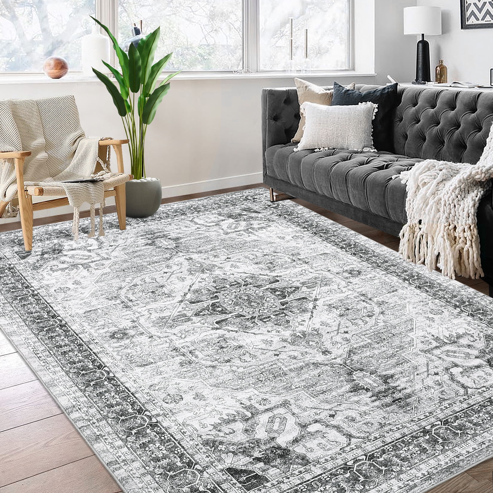 FairOnly 8'x10' Grey Area Rugs for Living Room Vintage Boho Machine Washable Rugs Low Pile Soft Rugs for Bedroom Indoor Floor Carpet
