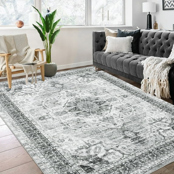 FairOnly 8'x10' Grey Area Rugs for Living Room Vintage Boho Machine Washable Rugs Low Pile Soft Rugs for Bedroom Indoor Floor Carpet
