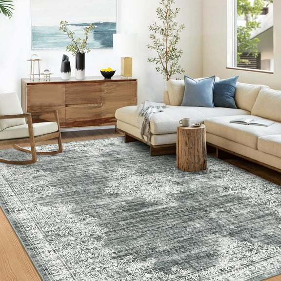 FairOnly 8'x10' Grey Vintage Bohemian Area Rugs for Living Room Washable Soft Rugs for Bedroom Home Office Non Shedding Carpet