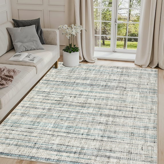 FairOnly 8'x10' Linen Machine Washable Area Rugs for Kitchen Family Room Low Pile Stain-Resistant Rugs Blue and Grey Carpet