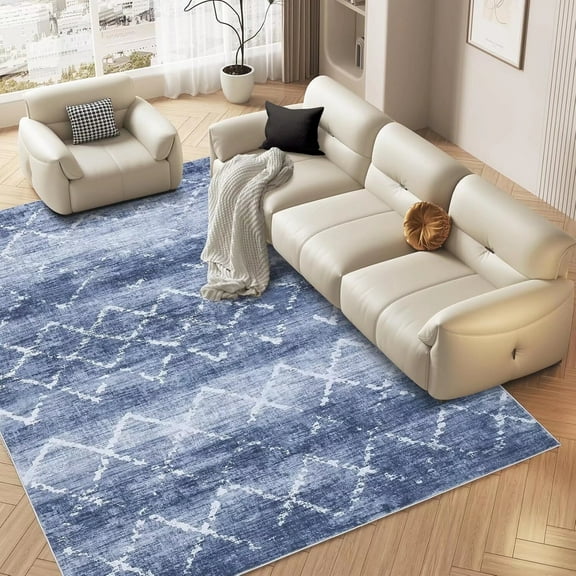 FairOnly 8'x10' Modern Area Rugs for Living Room Machine Washable Geometric Abstract Soft Rugs for Bedroom Blue Stain-Resistant Big Carpet