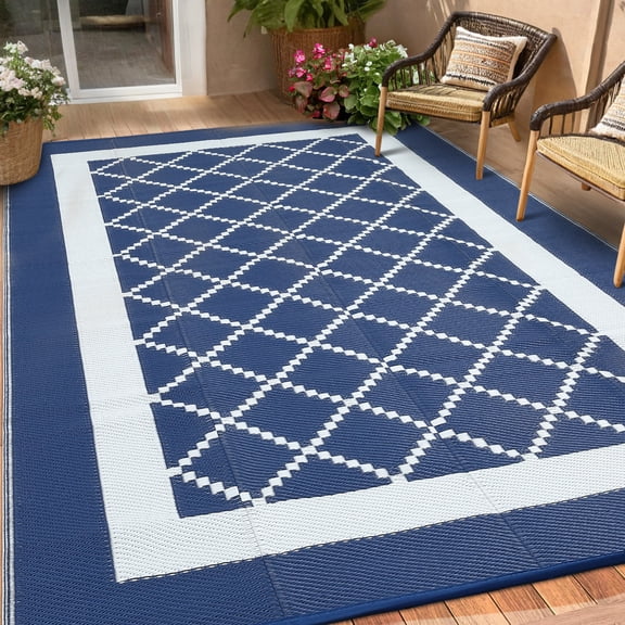 FairOnly 8'x10'Modern Geometric Diamond Grid Outdoor Rug Waterproof Reversible UV-Resistant & Portable Mat for Patio & RV，Dark Blue
