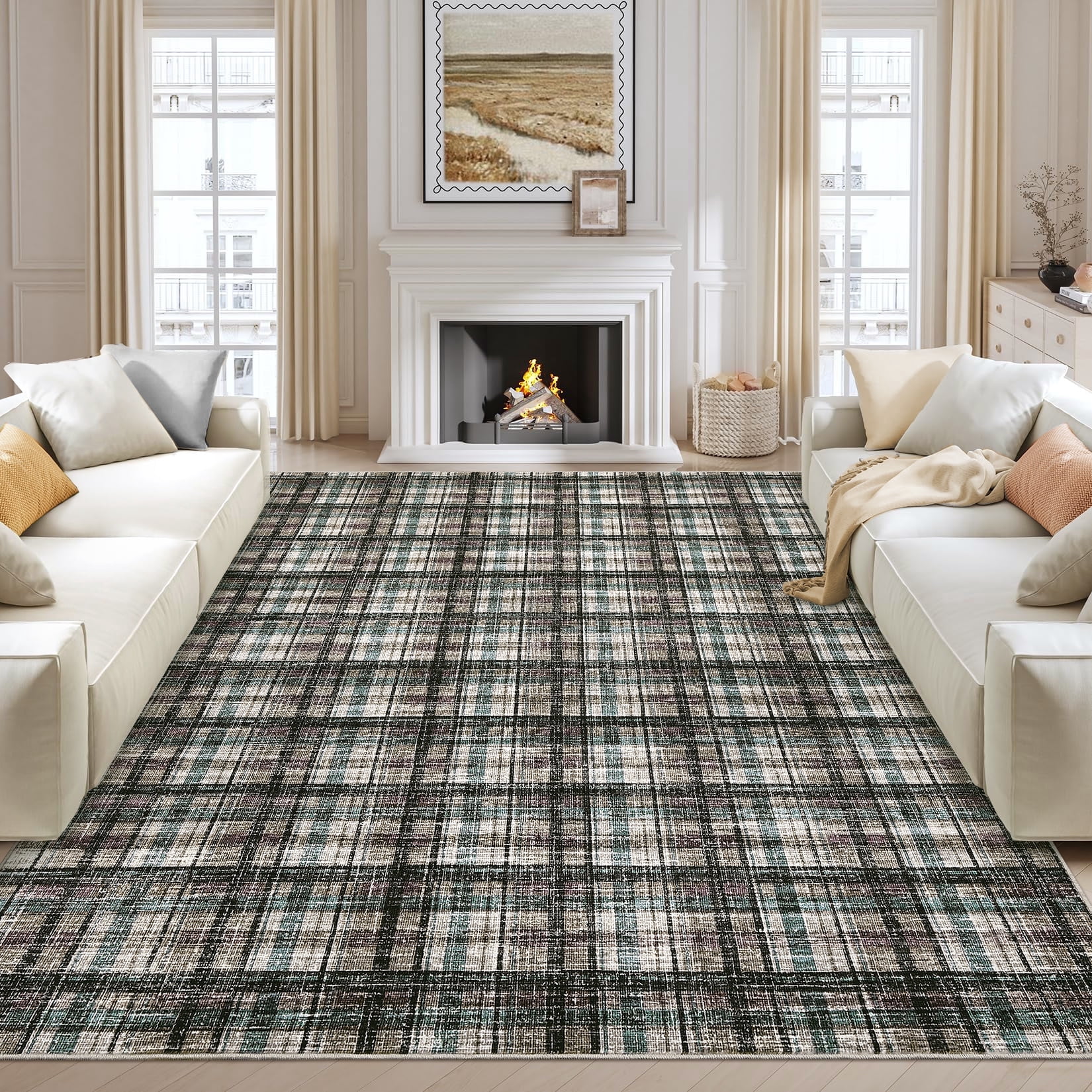 FairOnly 8'x10'Modern Geometric Plaid Non Slip Area Rug British Style Machine Washable Soft Non Shedding Rug for Living Room Bedroom,Brown