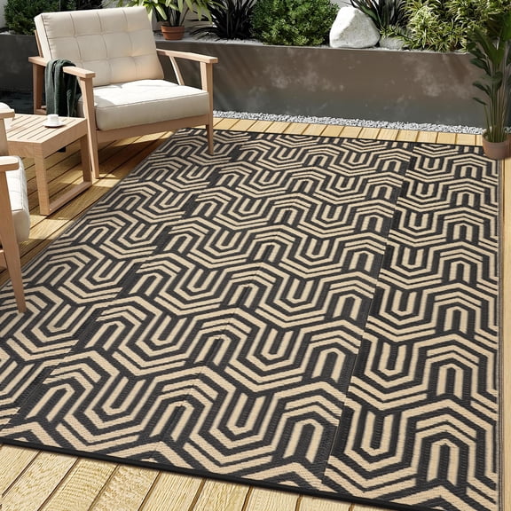 FairOnly 8'x10'Modern Geometric Reversible Outdoor Rug Waterproof UV Protection Portable Mat for Patio Garden Beach RV,Black Coffee