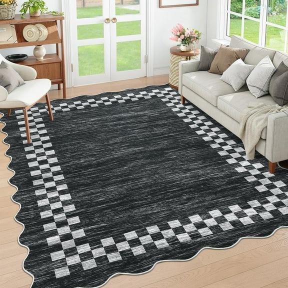 FairOnly 8'x10'Modern Low Pile Minimalist Large Area Rug Geometric Ruffle Edge Non Slip Washable Mat for Living Room Bedroom,Dark Grey