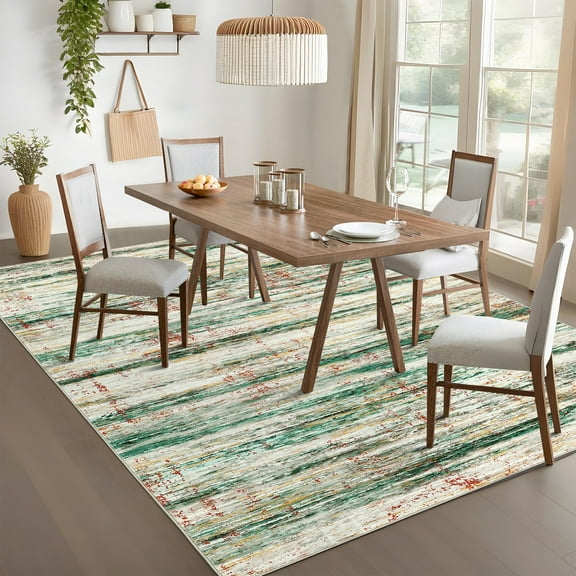 FairOnly 8'x10'Modern Non Slip Low Pile Area Rug for Living Room Abstract Striped Machine Washable Stain Resistant Floor Rug for Bedroom Laundry,Green