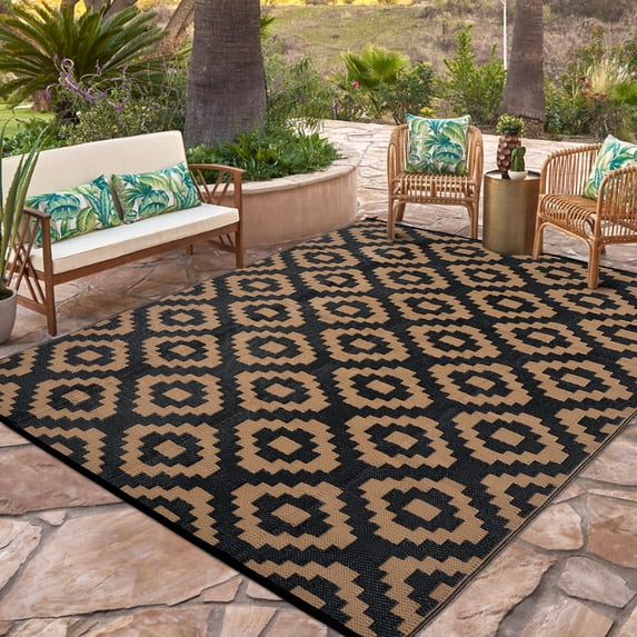 FairOnly 8'x10'Modern Outdoor Reversible Area Rug Waterproof Geometric Carpet for Camping