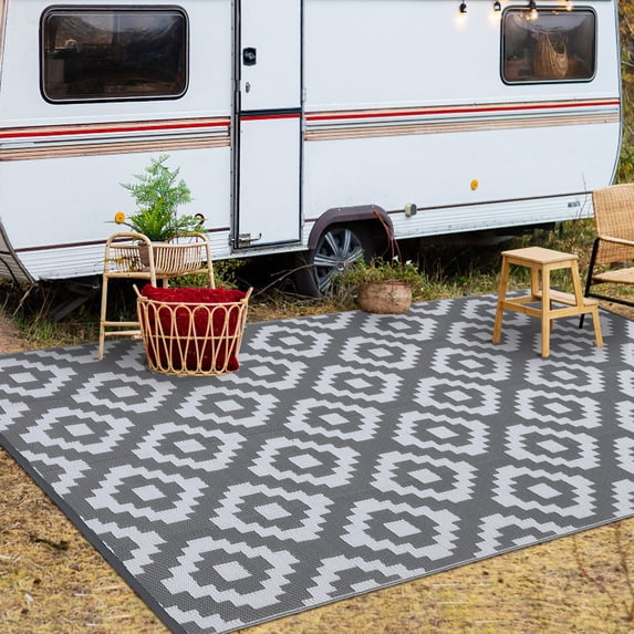 FairOnly 8'x10'Modern Outdoor Reversible Area Rug Waterproof Geometric Carpet for Camping