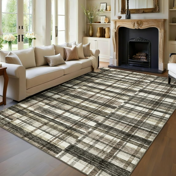 FairOnly 8'x10'Modern Plaid Area Rug for Living Room Modern Irregular Non Slip Soft Geometric Washable Rug for Kitchen Bedroom Bathroom,Beige Brown