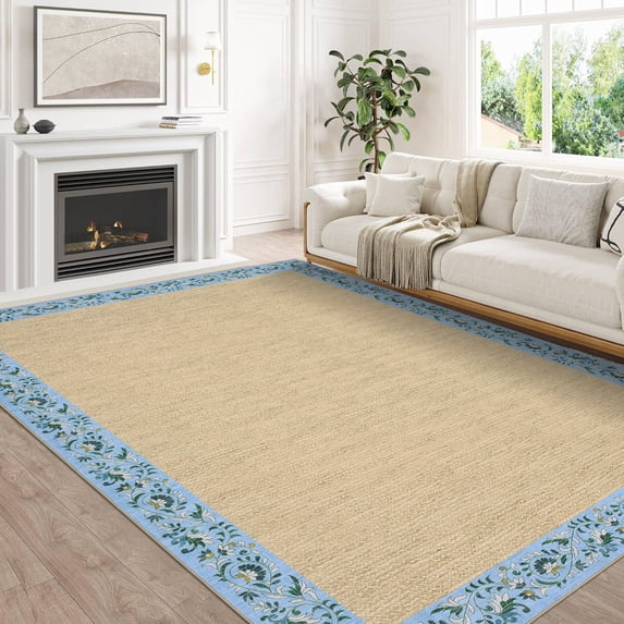 FairOnly 8'x10'Modern Solid Color Area Rug with Decorative Flower Frame Machine Washable Low Pile Stain Resistant Rug for Living Room Bedroom Dining Area,Light Blue