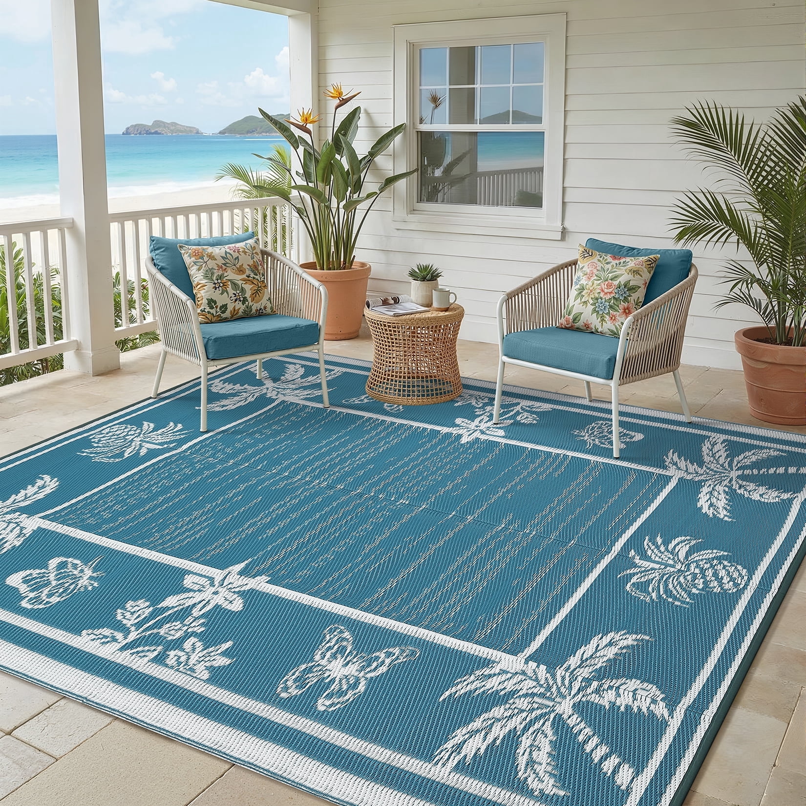 FairOnly 8'x10'Modern Tropical Floral Outdoor Rug Waterproof Reversible & Portable for Patio Poolside & Beach RV,Grey Blue