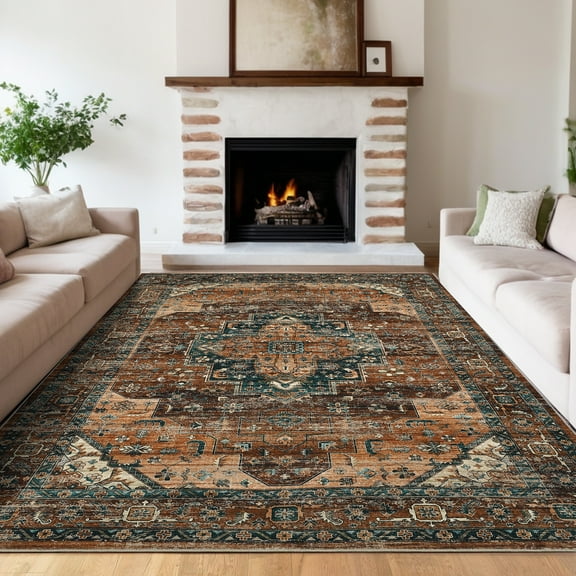 FairOnly 8'x10' Oriental Floral Area Rugs for Living Room Vintage Machine Washable Low Pile Rugs for Bedroom Brown Non Shedding Indoor Floor Rug