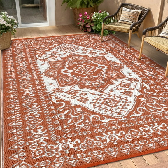 FairOnly 8'x10'Outdoor Area Rug Floral Reversible Stain Resistant Rug for Balcony Patio