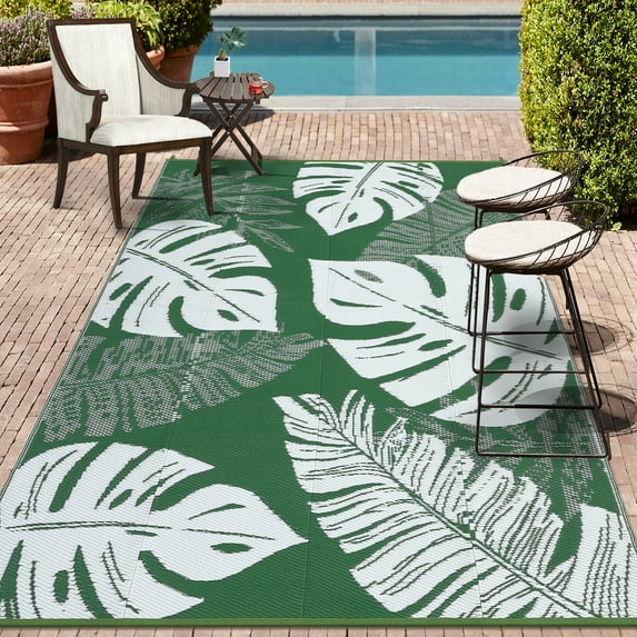 FairOnly 8'x10'Outdoor Area Rugs Reversible Waterproof With Leaf Pattern Rug for Beach