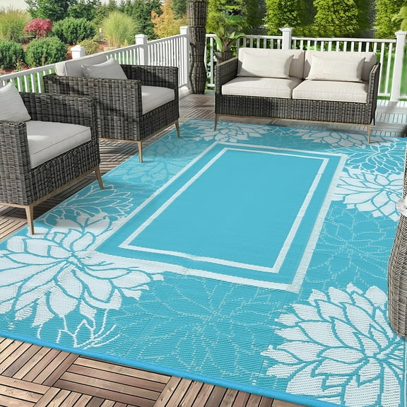 FairOnly 8'x10'Outdoor Rugs for Balcony Patio Beach Washable Plastic Straw Reversible Area Rug for RV Trip Picnic,Light Blue