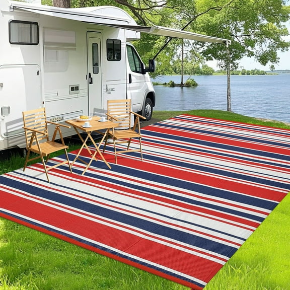FairOnly 8'x10'Red Blue Outdoor Area Rug Reversible Foldable Stain Resistant Waterproof Rugs for Beach Camping RV