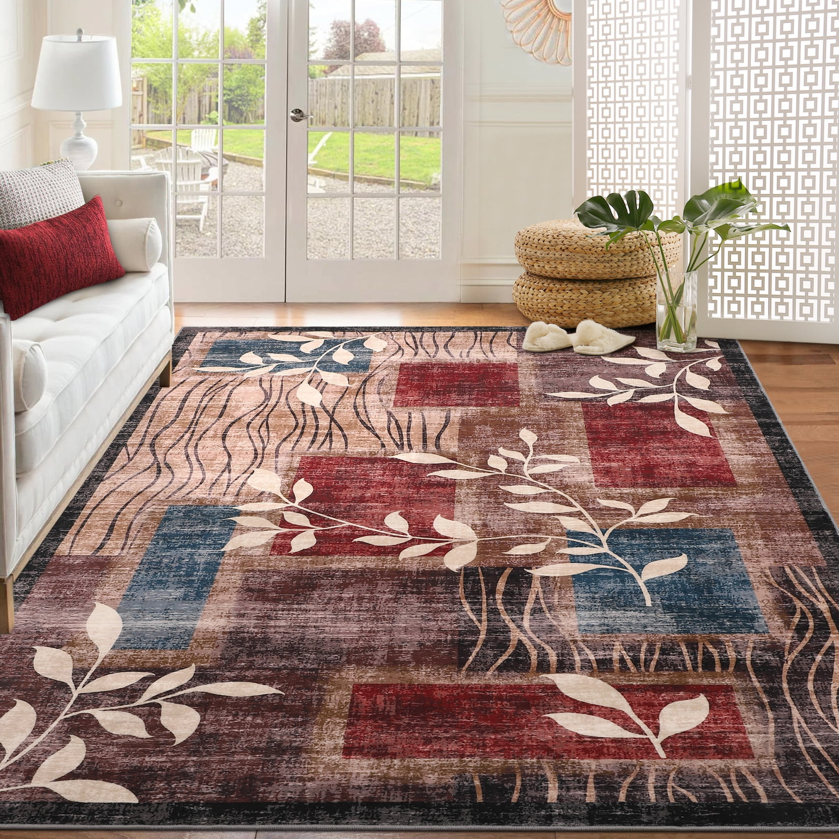 FairOnly 8'x10' Red Contemporary Washable Area Rugs for Living Room Abstract Leaf Low Pile Bathroom Rugs Soft Rugs Indoor Floor Carpet