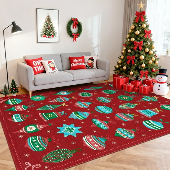 FairOnly 8'x10'Retro Christmas Area Rug with Colorful Festive Ball Pattern Ultra Thin Washable Non Shedding Non Slip for Living Room Kitchen Entryway,Red