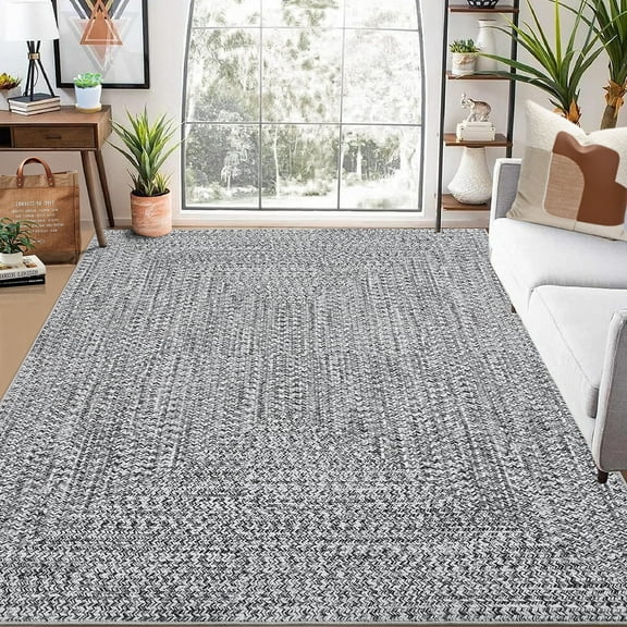 FairOnly 8'x10' Solid Grey Modern Area Rugs for Living Room Machine Washable Braided Print Ultra-Thin Soft Woven Rugs for Bedroom Indoor Floor Throw Carpet