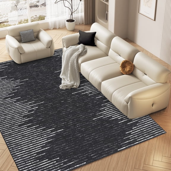 FairOnly 8'x10' Stripe Modern Washable Living Room Area Rugs Soft Stain-Resistant Rugs for Kitchen Dining Room Low Pile Area Rugs Black Throw Carpet