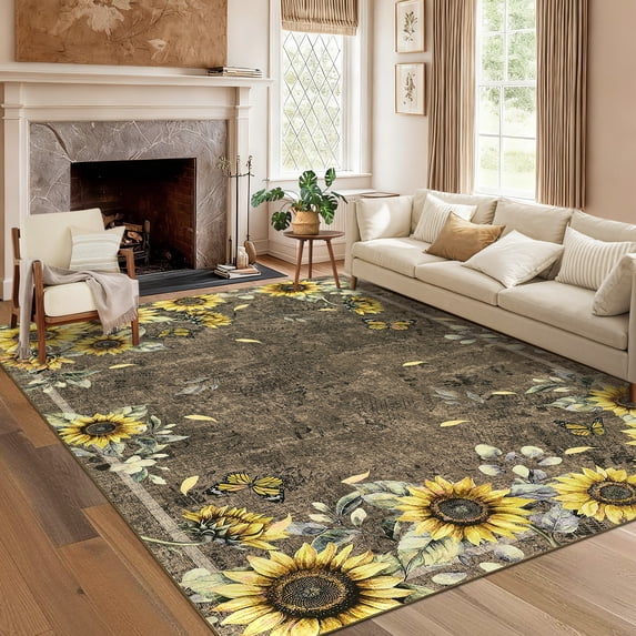 FairOnly 8'x10'Sunflower & Insects Area Rug for Living Room Stain Resistant Machine Washable Non Slip Carpet for Bedroom Entryway Kitchen Bedroom,Brown