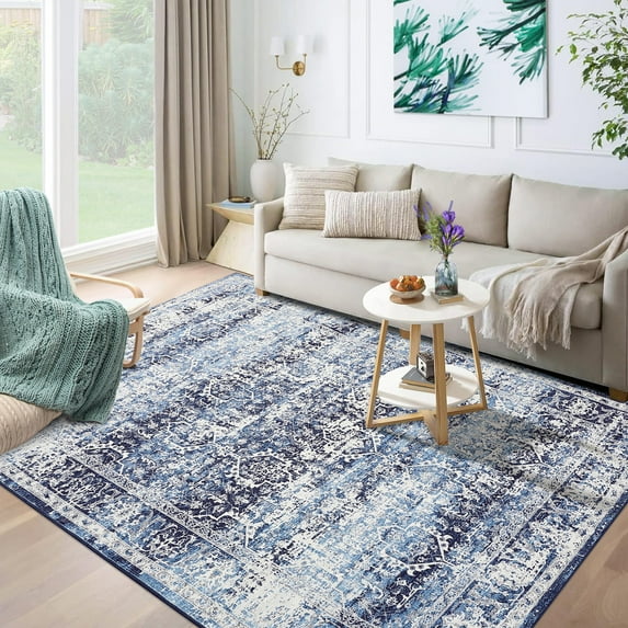 FairOnly 8'x10'Vintage Distressed Floral Printed Area Rug for Living Room Non Slip Soft Indoor Floor Rugs Ultra Thin Big Carpet for Family Room,Blue