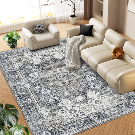 FairOnly 8'x10' Washable Rugs for Bathroom Living Room Low Pile Ultra-Thin Area Rugs for Bedroom Home Office Rugs Grey Blue Carpet