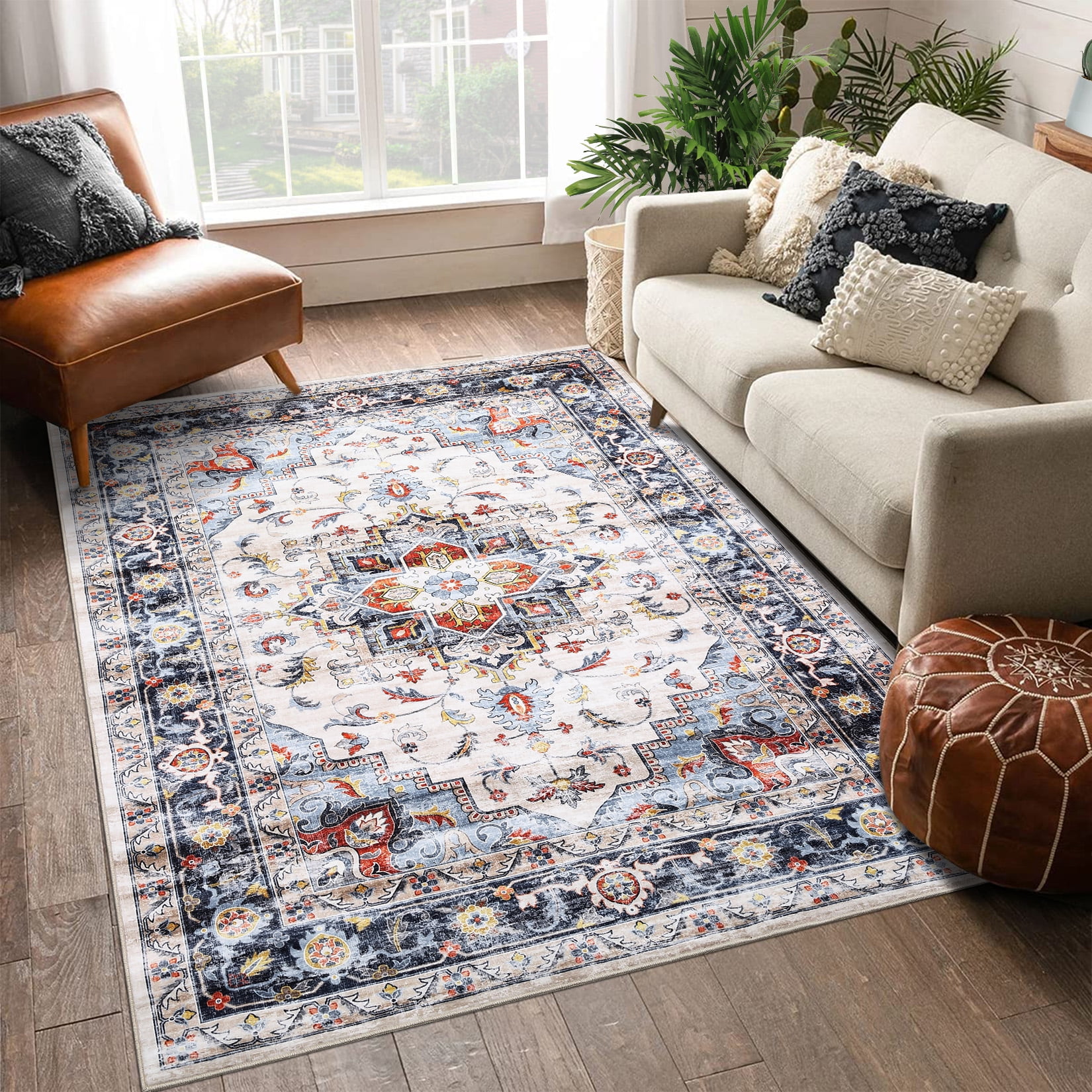 Blue and Red 9' x 12' Low Pile Wool and Synthetic Area Rug