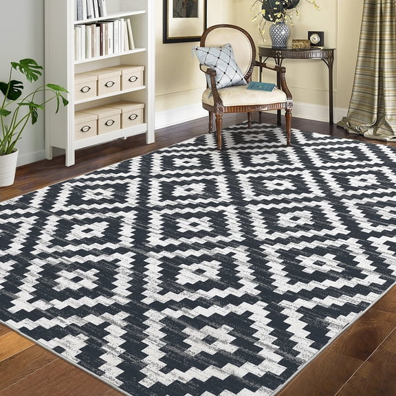 FairOnly Black Modern Geometric Low Pile 9'x12'Area Rug for Living Room Stain Resistant Ultra Thin Non Slip Indoor Floor Cover for Kitchen Bathroom Bedroom