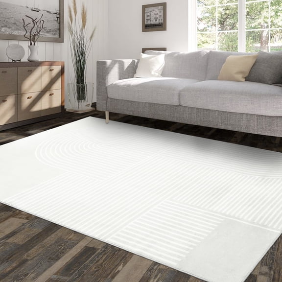 FairOnly 9' x 12' Large Low Pile Area Rug for Living Room Bedroom Modern Maze Stripe Rug Washable Rug, Beige