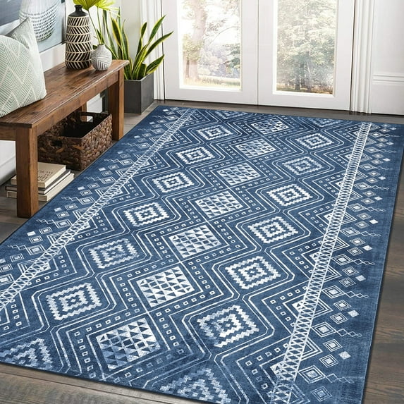 FairOnly 9' x 12' Large Low Pile Area Rug for Living Room Bedroom Tribal Moroccan Accent Rugs Boho Geometric Rug Washable Rug, Gray Blue