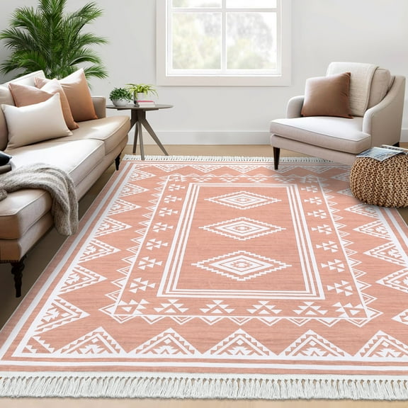 FairOnly 9' x 12' Large Low Pile Stain Resistanta Area Rug for Living Room Bedroom Tassel Geometric Carpet, Pink