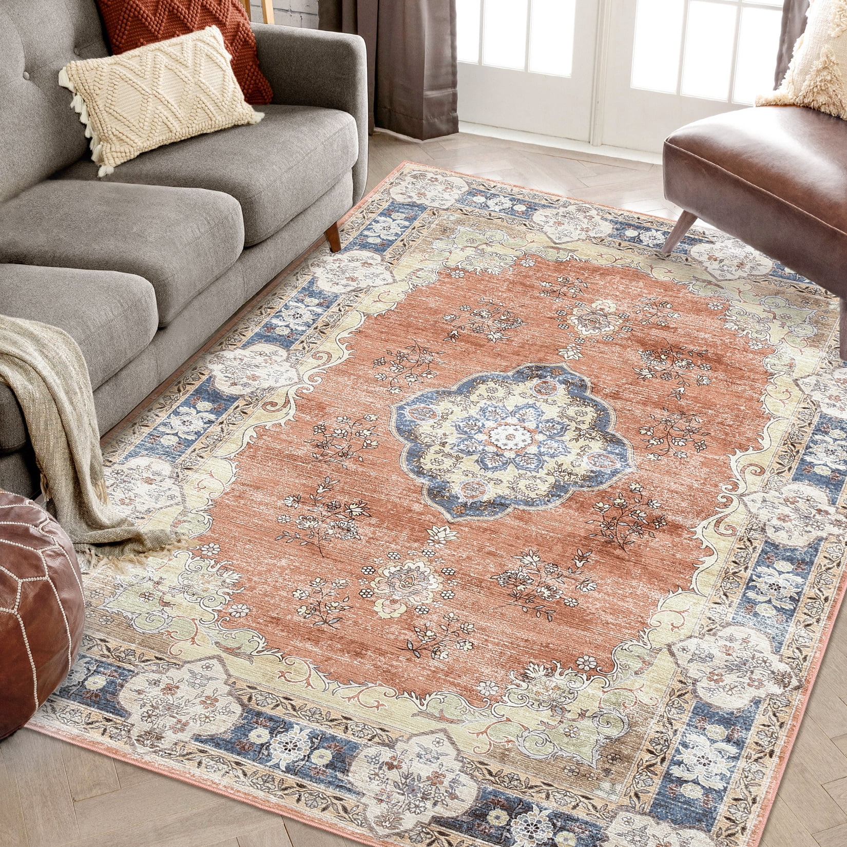 Orange 9' x 12' Vintage Floral Medallion Washable Rug