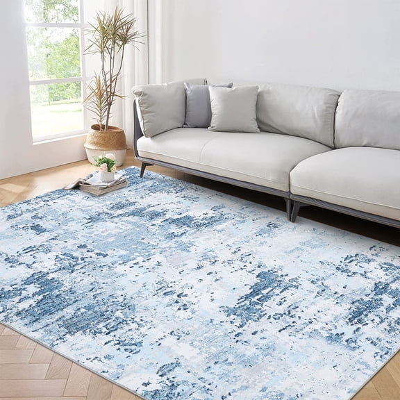 FairOnly 9'x12'Abstract Machine Washable Area Rug for Modern Living Room Ultra Thin Low Pile Non Slip Rug for Bedroom Kitchen Laundry,Light Blue