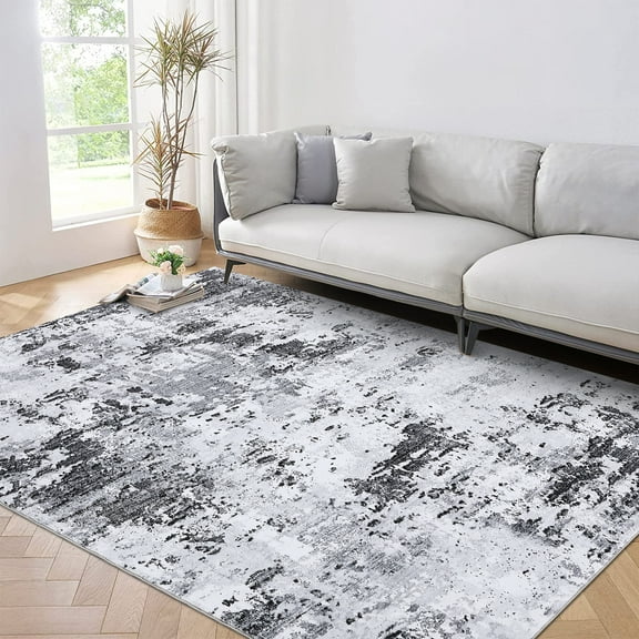 FairOnly 9'x12'Abstract Machine Washable Area Rug for Modern Living Room Ultra Thin Low Pile Non Slip Rug for Bedroom Kitchen Laundry,Light Grey