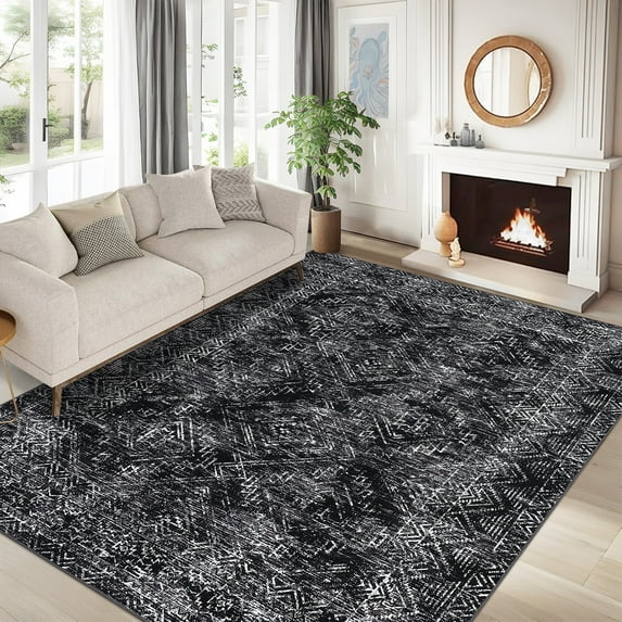 FairOnly 9'x12' Area Rugs for Bedroom Washable Modern Distressed Non Shedding Bathroom Rugs Stain-Resistant Black Home Office Throw Carpet