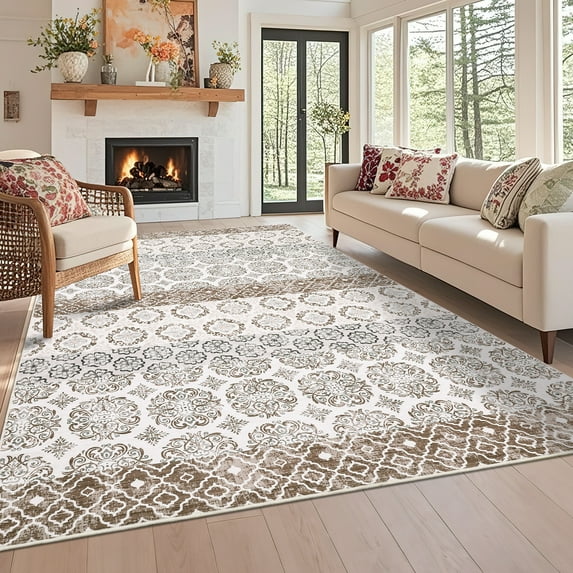 FairOnly 9'x12'Beige Area Rug Washable Soft Rugs for Bedroom Living Room Modern Non Slip Non Shedding Carpet