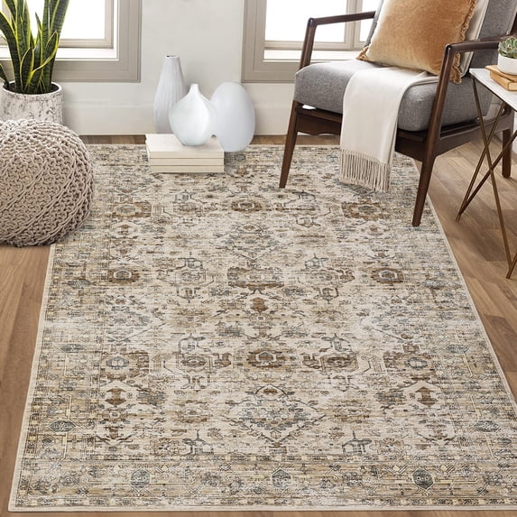 FairOnly 9'x12' Beige Boho Floral Area Rugs for Living Room Low Pile Non Shedding Rugs for Family Room Nursery Carpet