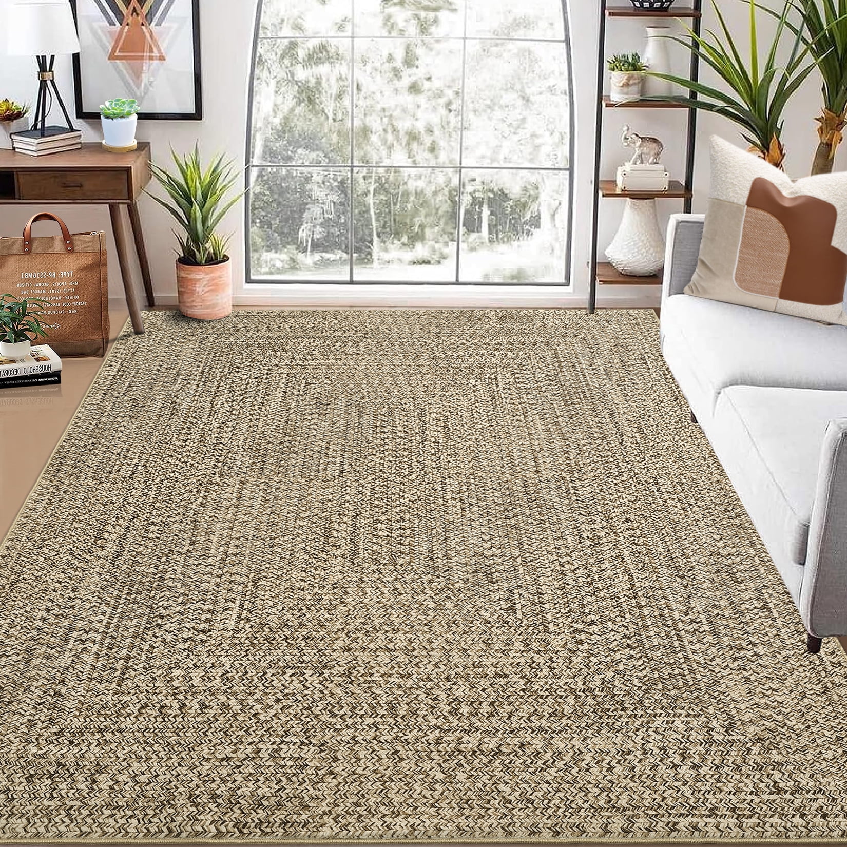 Beige Floor Rug FairOnly 9'x12' Beige Machine Washable Braided Rugs for Living Room ...