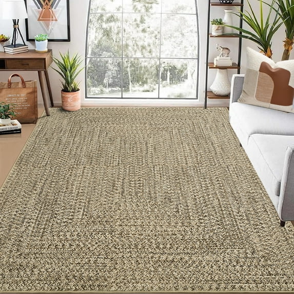 FairOnly 9'x12' Beige Machine Washable Braided Rugs for Living Room Solid Woven Print Low Pile Soft Area Rugs Home Office Bathroom Rugs Ultra-Thin Carpet