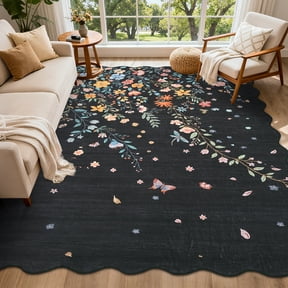 FairOnly 9'x12'Black Modern Flower & Insects Printed Area Rug Scalloped Border Machine Washable Low Pile Non Slip Indoor Throw Rug for Living Room Bedroom Kitchen Laundry