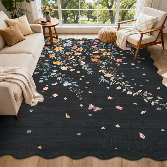 FairOnly 9'x12'Black Modern Flower & Insects Printed Area Rug Scalloped Border Machine Washable Low Pile Non Slip Indoor Throw Rug for Living Room Bedroom Kitchen Laundry