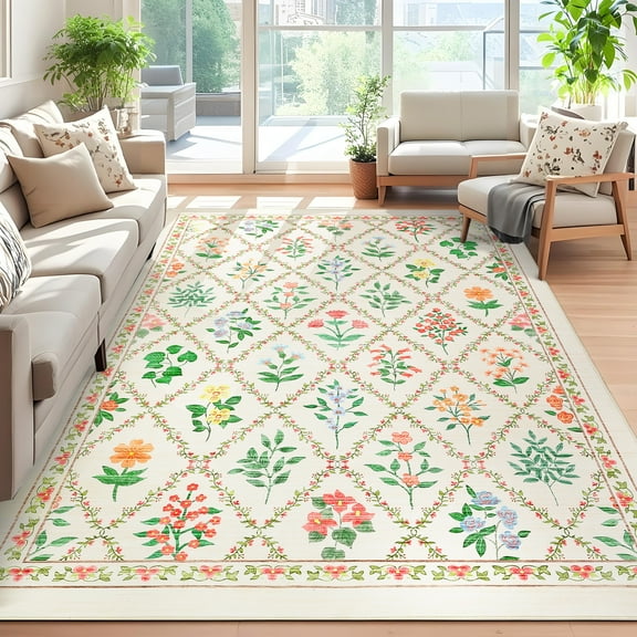 FairOnly 9'x12'Blossom & Grid Machine Washable Area Rug Pastoral Low Pile Non Slip Carpet for Modern Living Bedroom Decor,Beige