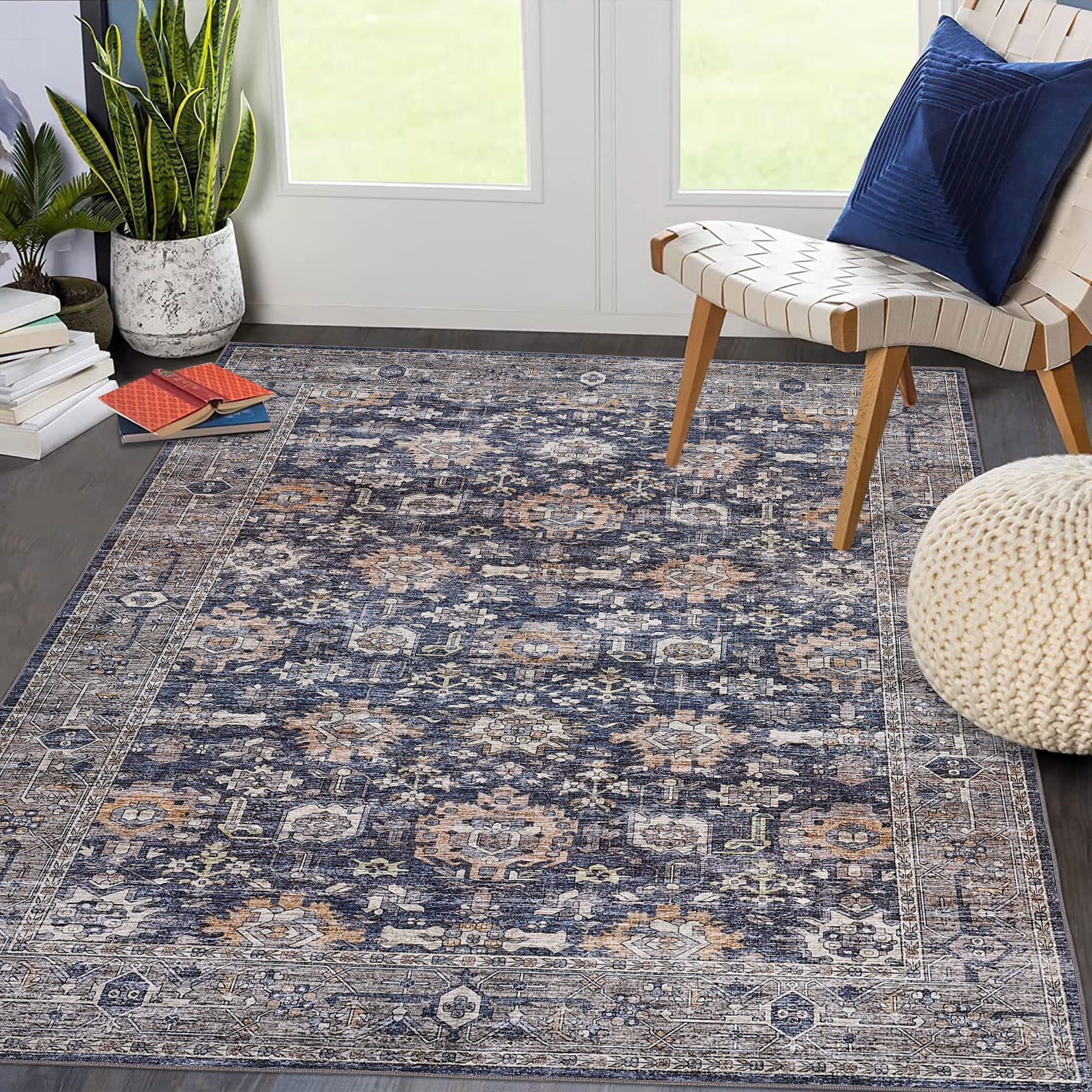 FairOnly 9'x12' Blue Boho Floral Area Rugs for Living Room Low Pile Non Shedding Rugs for Family Room Nursery Carpet