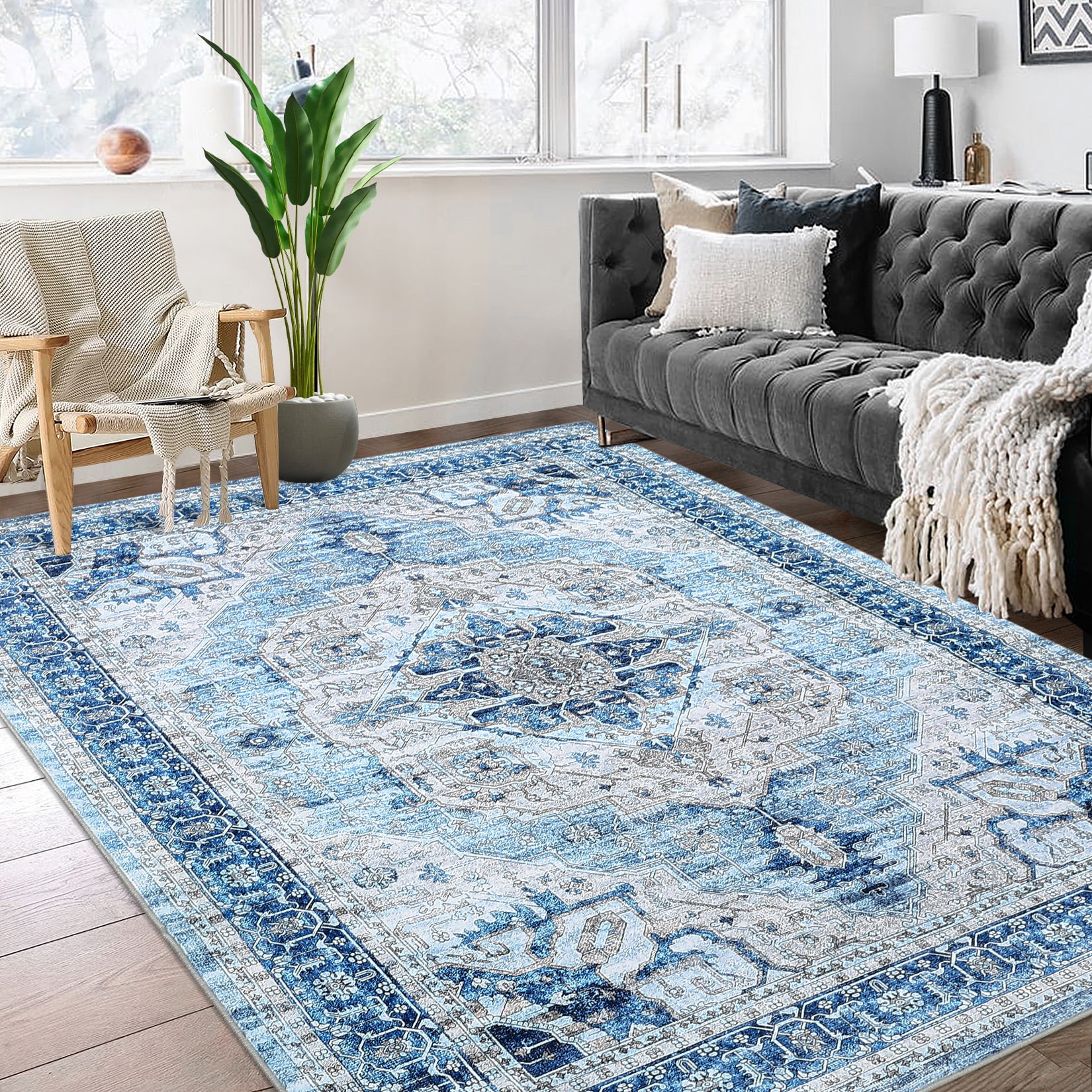 FairOnly 9'x12' Blue Machine Washable Living Room Area Rugs Boho Vintage Rugs for Bathroom Indoor Floor Non Shedding Rugs Home Office Carpet