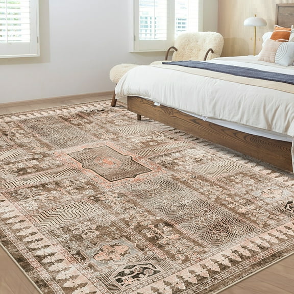 FairOnly 9'x12' Brown Oriental Vintage Washable Living Room Area Rugs Non Shedding Soft Rugs for Bathroom Family Room Nursery Rug Throw Carpet