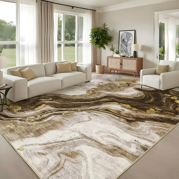 FairOnly 9'x12'Camel Modern Abstract Non Slip Indoor Area Rug Machine Washable Stain Resistant Floor Cover for Bedroom Kitchen Dining Room