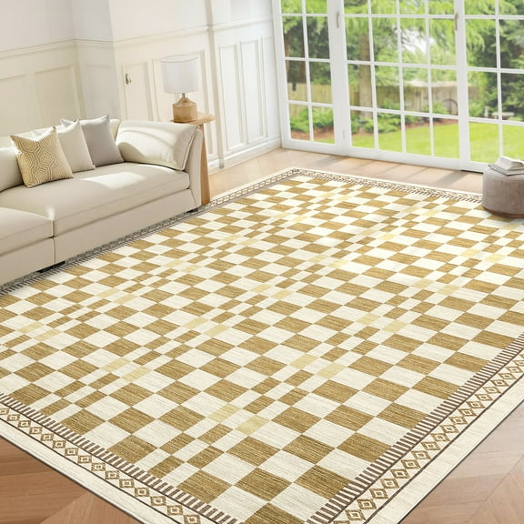 FairOnly 9'x12'Chessboard Area Rug for Bedroom Modern Soft Non Slip Low Pile Rugs for Living Room Playroom Dinning Room,Yellow