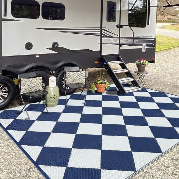 FairOnly 9'x12'Dark Blue Modern Washable Area Rug Geometric Reversible Waterpoof Rugs for Camping Picnic